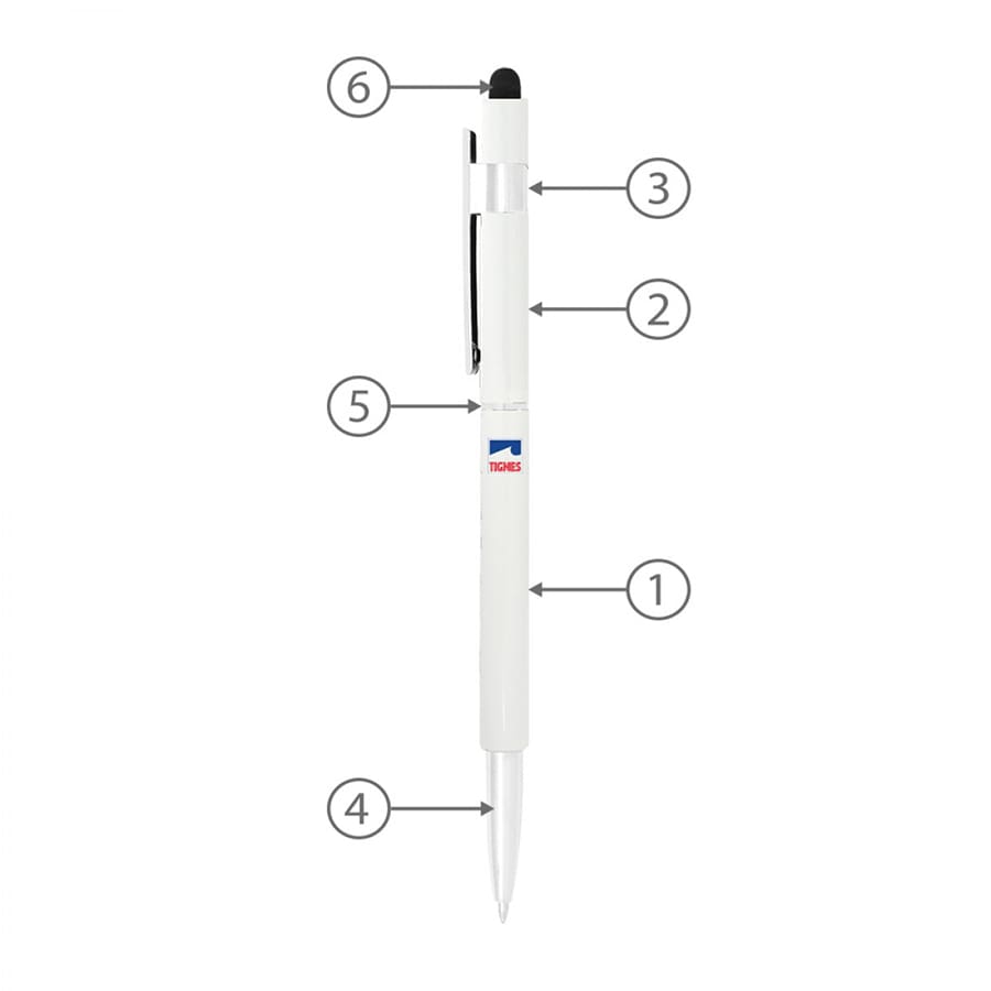 A white stylus hex pen with a clip, a rubber tip, and a ballpoint tip, featuring a logo on the barrel.