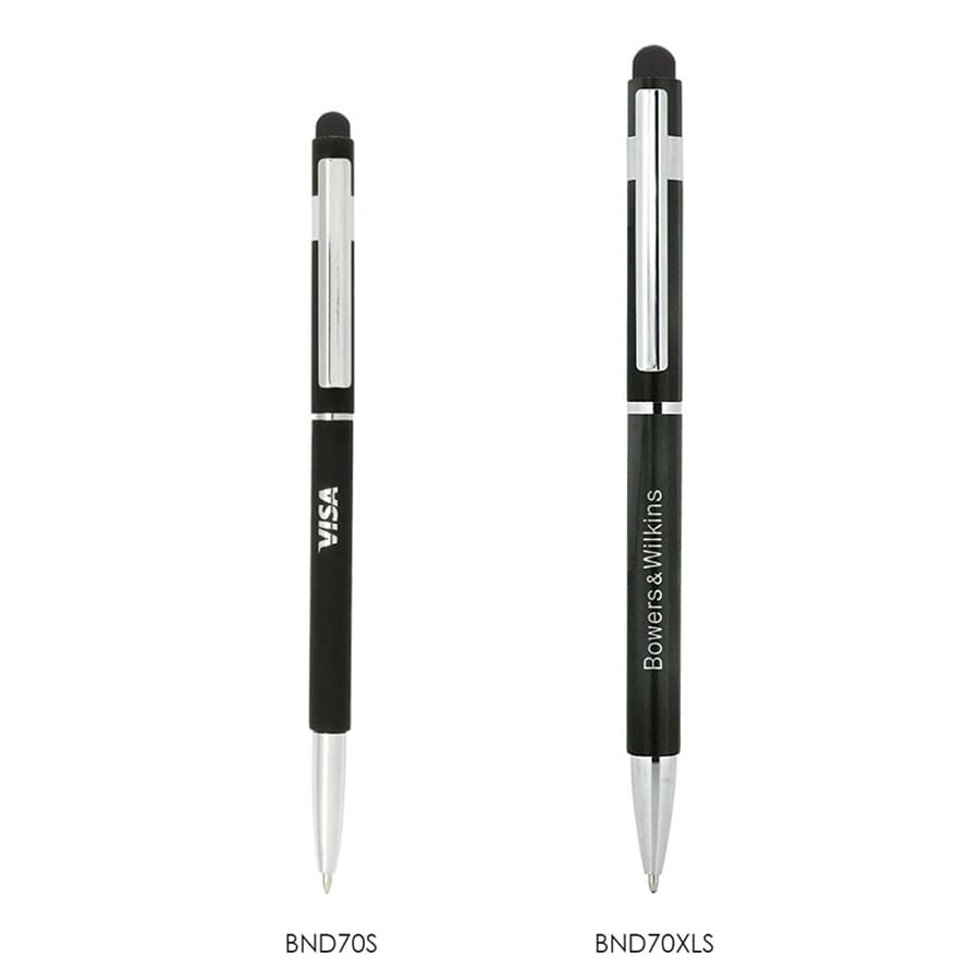 Two black Stylus Hex Pens with silver accents, featuring logos and a dual tip for writing and touchscreen use.