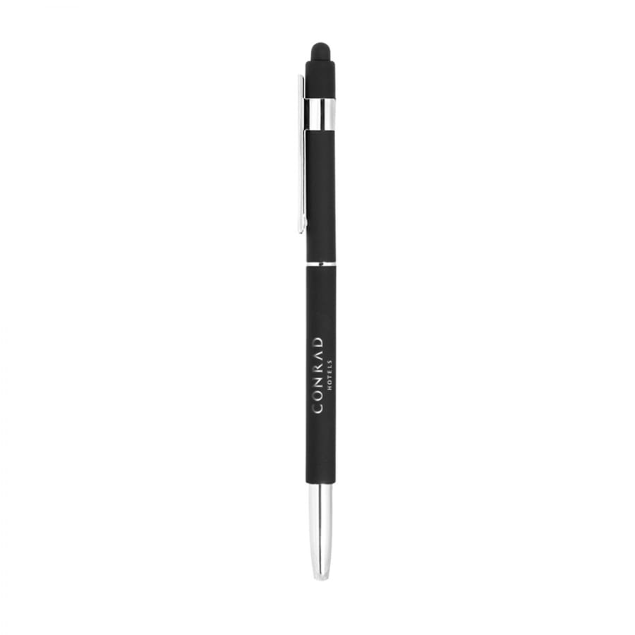A black stylus hex pen with a silver clip and tip, featuring a logo on the barrel.