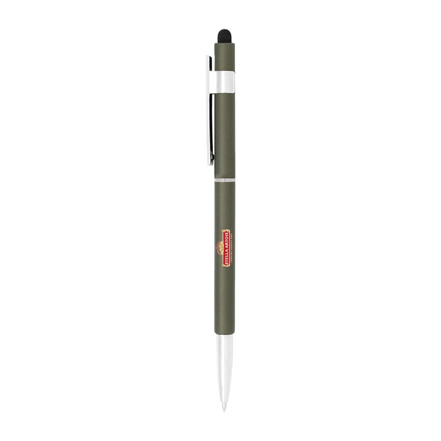 A stylus hex pen in olive green with a silver clip and a logo on its body.