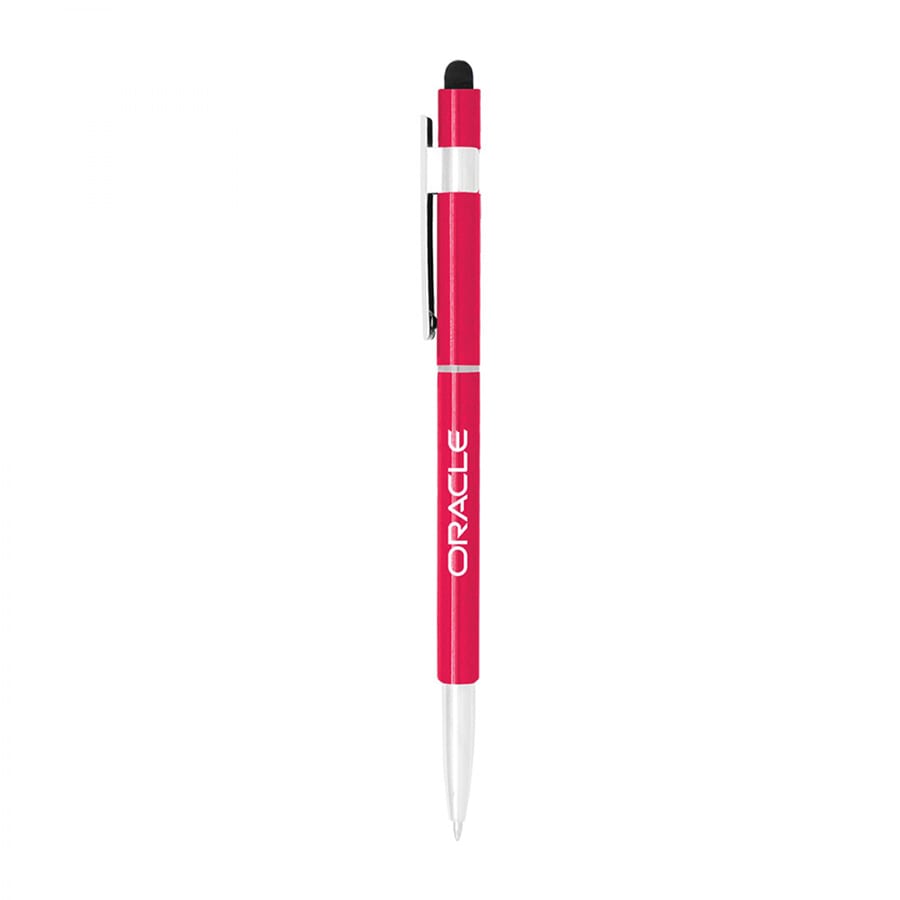 A red stylus hex pen with a black tip, featuring a silver clip and branding.