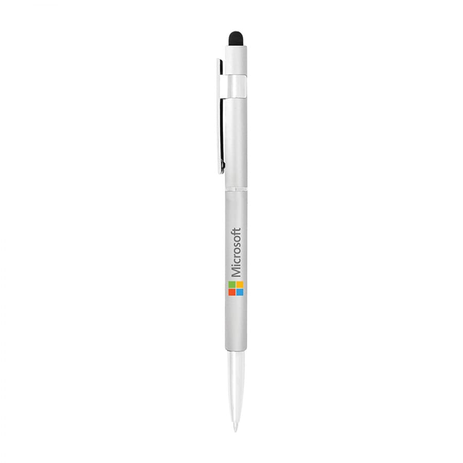 A silver stylus pen with a soft tip and a ballpoint end, featuring a logo.