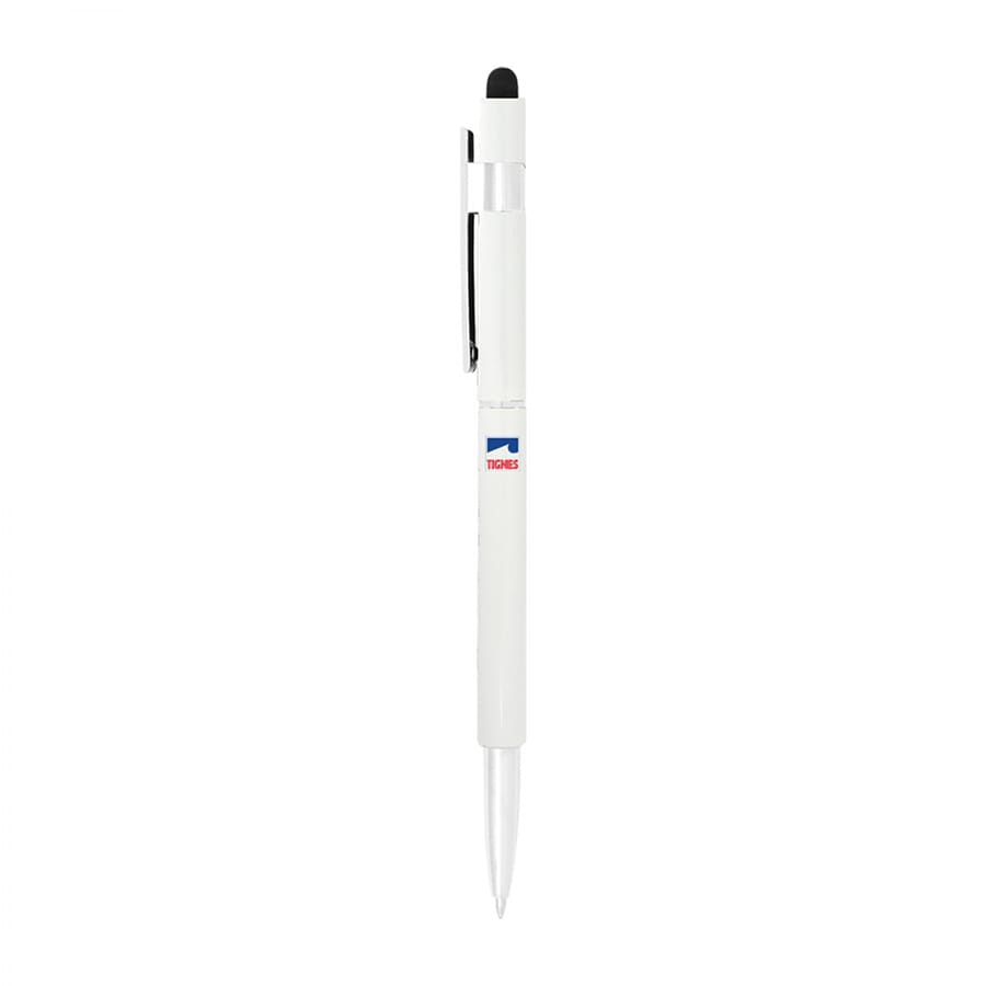 A white stylus hex pen with a silver clip and a black stylus tip, featuring a logo.