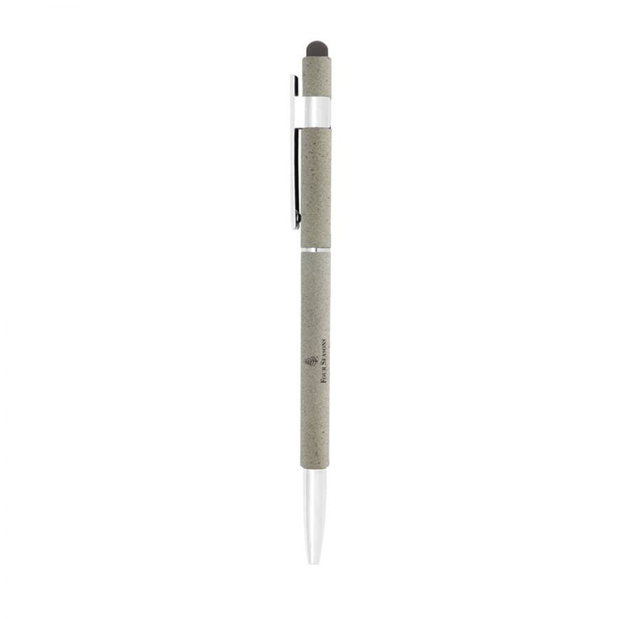A grey stylus pen featuring a soft tip and silver accents, with a branding logo on its body.