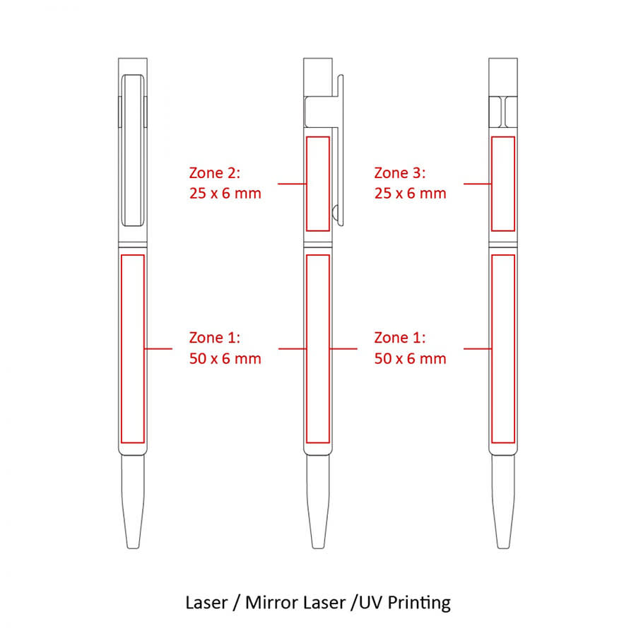 A diagram of a metal pen design, featuring zones for laser printing and indicating dimensions for branding.