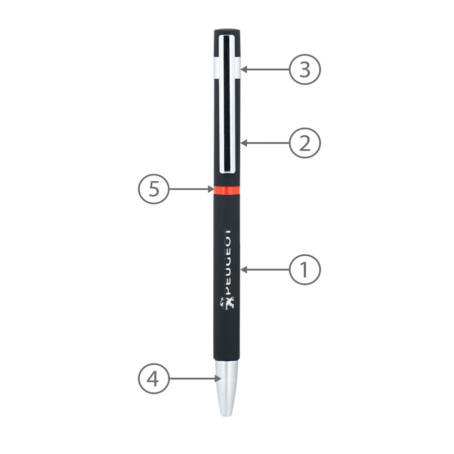 A slim black metal pen with a silver tip and an orange accent, featuring a logo on the body.