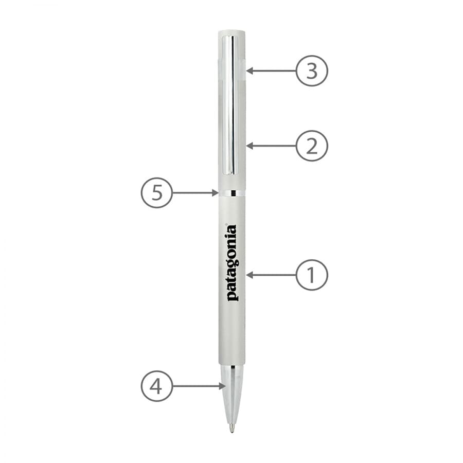 A silver and white metal pen with a clip and branding, featuring numbered arrows for reference points.