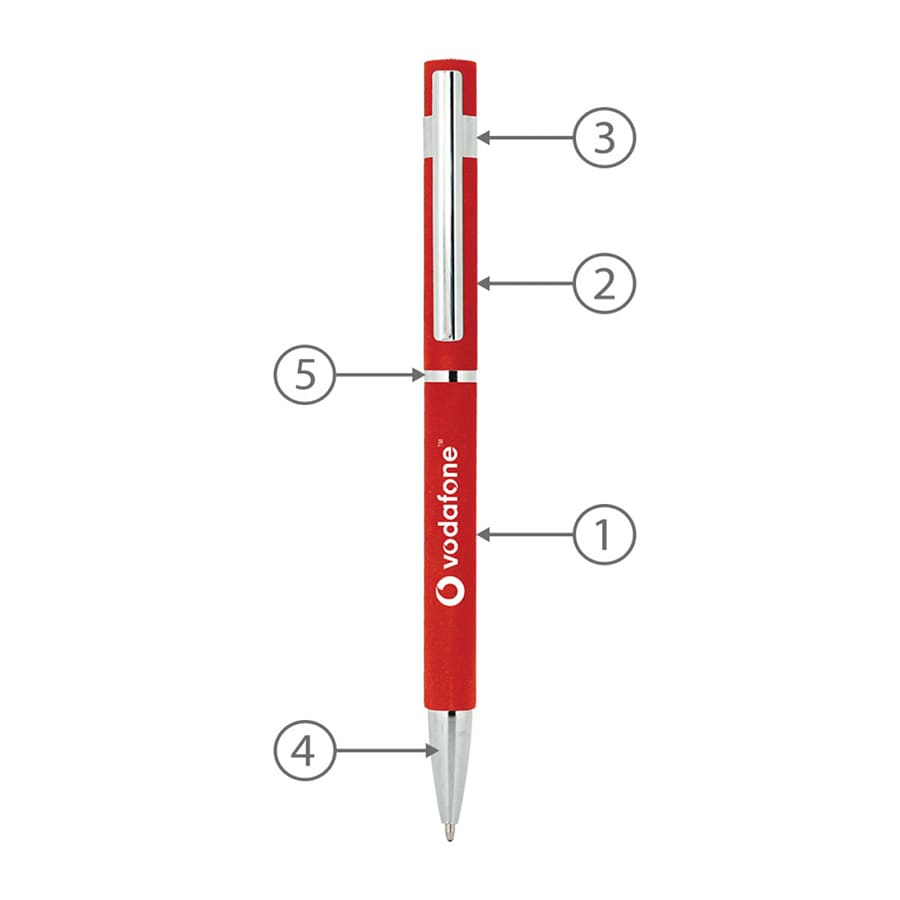 A red metal pen with a silver clip and branding, featuring a sleek design and a smooth finish.