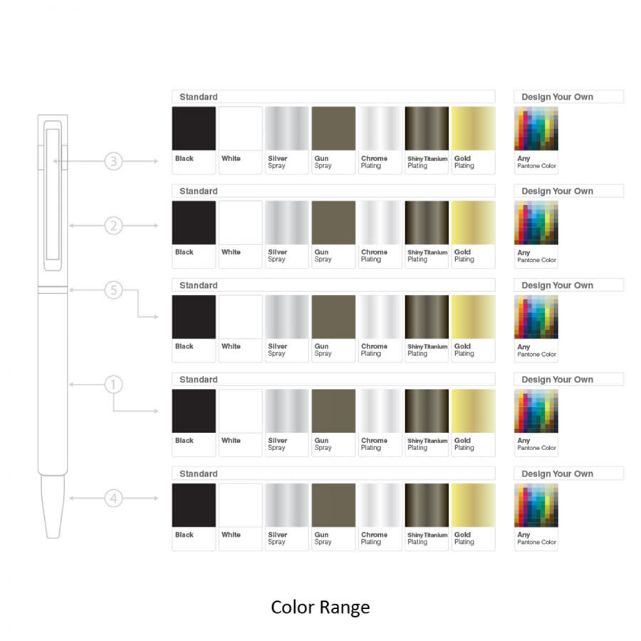 A collection of Slim Hex Pens in various colours including black, white, silver, and gold, with options for custom designs.