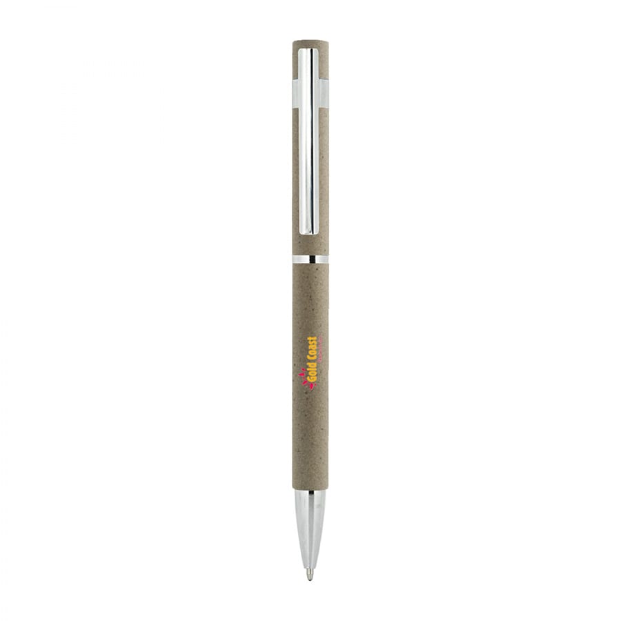 A slim metal pen in a natural brown finish, featuring a logo and a shiny silver tip.