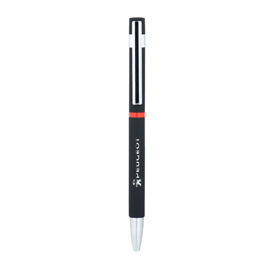 A black metal pen with red accents, featuring a silver tip and a logo on the clip.