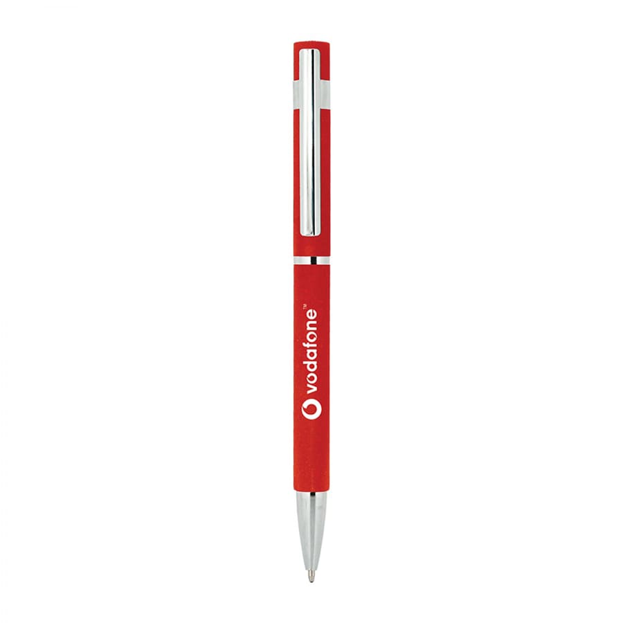 A red metal pen with a silver clip and a logo, designed for promotional use.