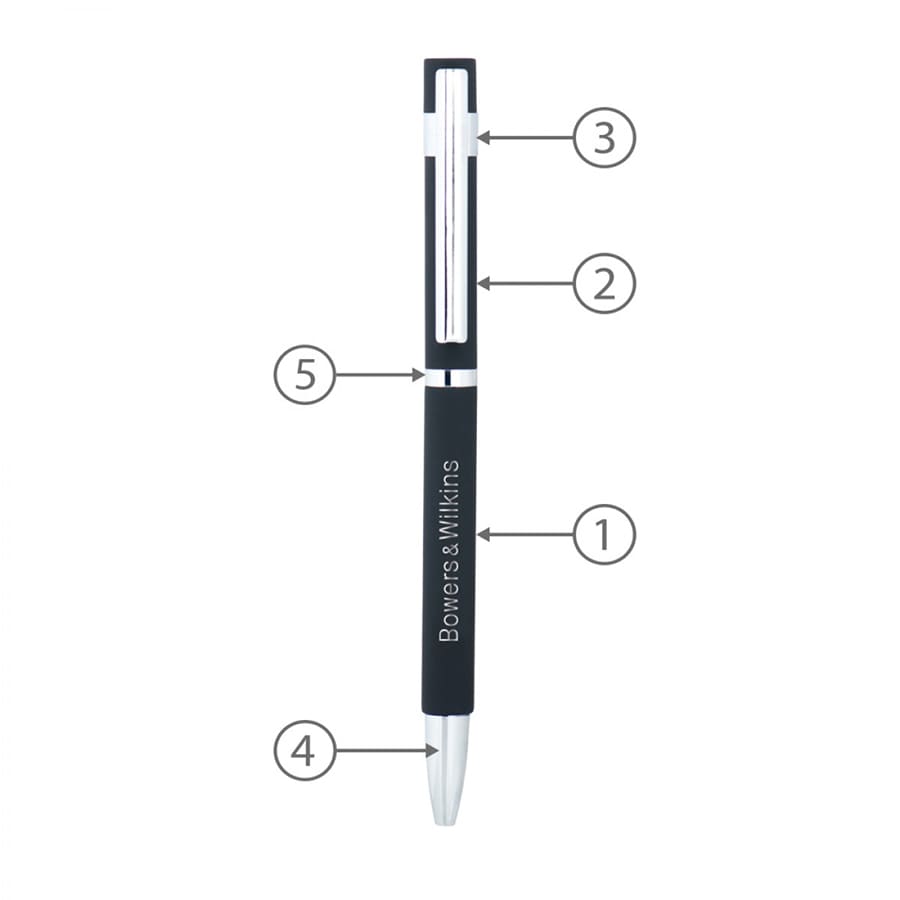 Slim Hex Pen in black with silver accents, featuring a logo and numbered parts for customisation.