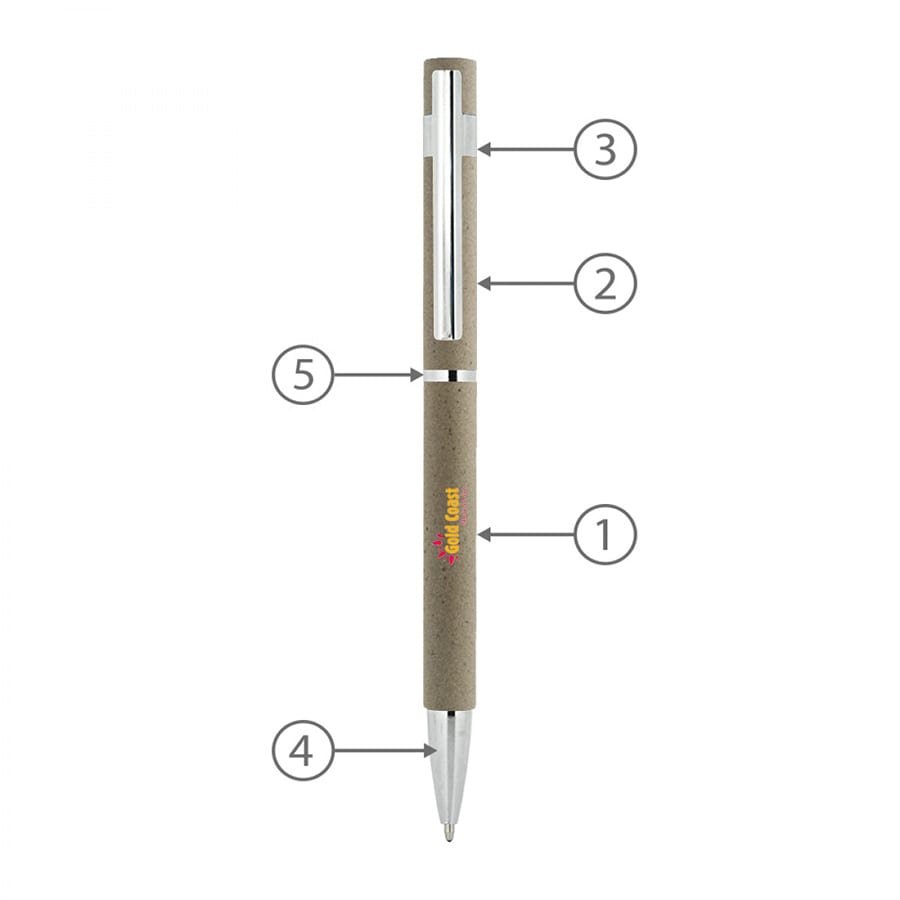 A metal pen with a slim design and a natural finish, featuring a logo and multiple parts identified by numbers.