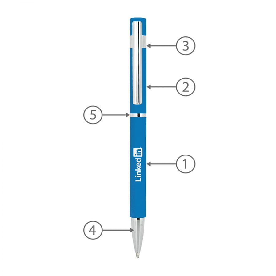 A blue metal pen with a sleek design and a branding logo, featuring a click mechanism and clip.