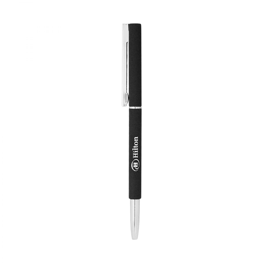 A black metal ballpoint pen with a silver clip and branding on the barrel.