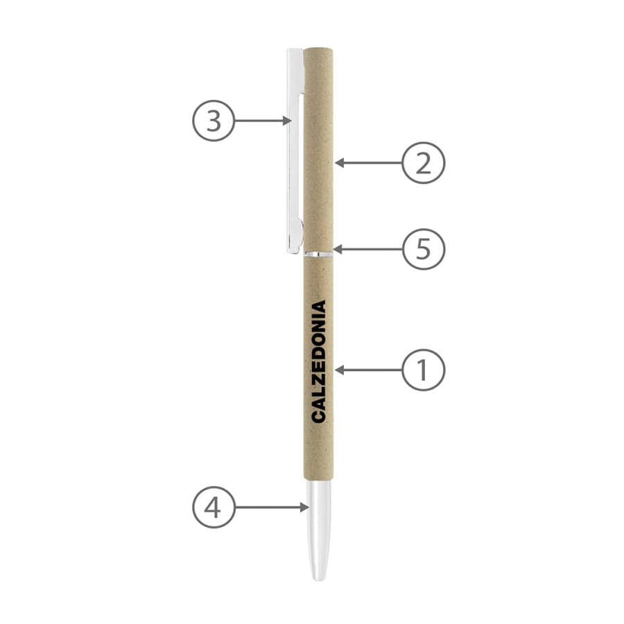 A metal ballpoint pen in white and beige with a clip and branding. Features a sleek design for writing.