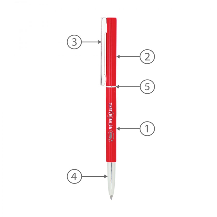 A red metal ball pen with a twist mechanism and a clip. Features a logo on the barrel.