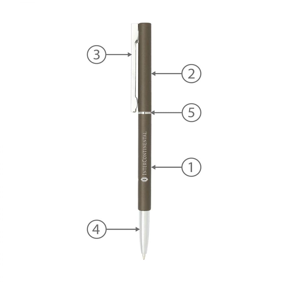A metal ballpoint pen in dark grey with a silver clip and branding. Designed for writing.