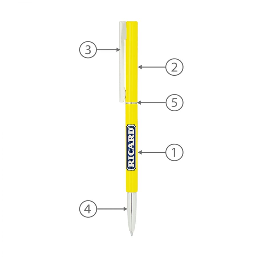 A bright yellow metal ball pen with a clip and a branded logo, featuring a twist mechanism for writing.