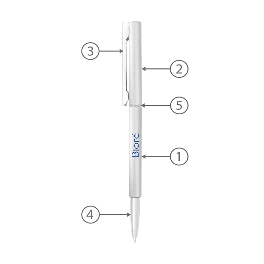 A metal ball pen in silver with a clip and a branding logo. It features a twist mechanism for writing.