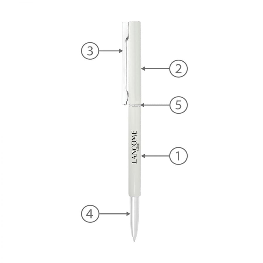 A metal ball pen in white with a silver clip and branding, featuring a twist mechanism for writing.