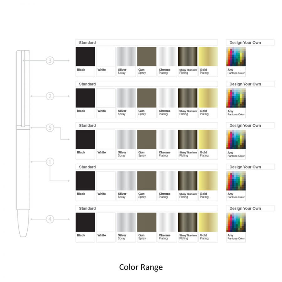 A metal ball pen with a sleek design, available in various colours including black, white, silver, and gold.