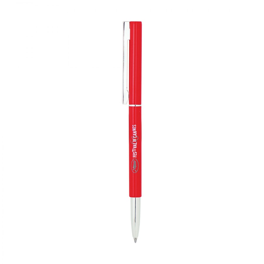 A red metal ballpoint pen with a clip and a logo, featuring a twist mechanism for writing.