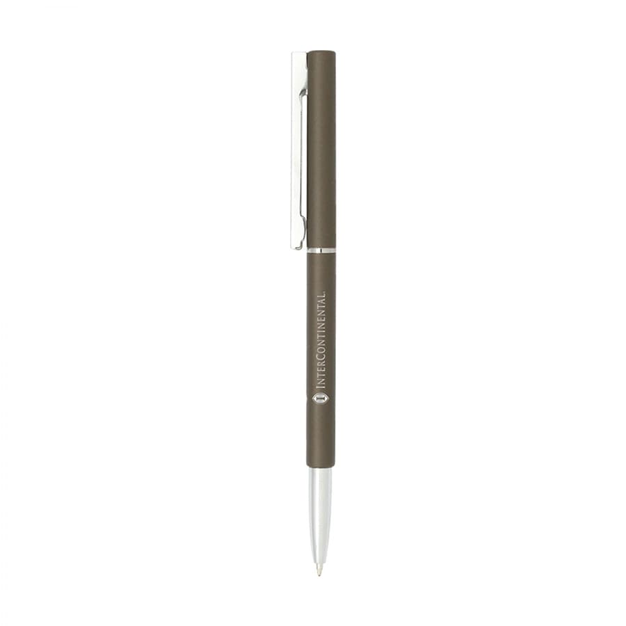 A metal ballpoint pen in a dark green finish with a silver clip and a logo on the barrel.