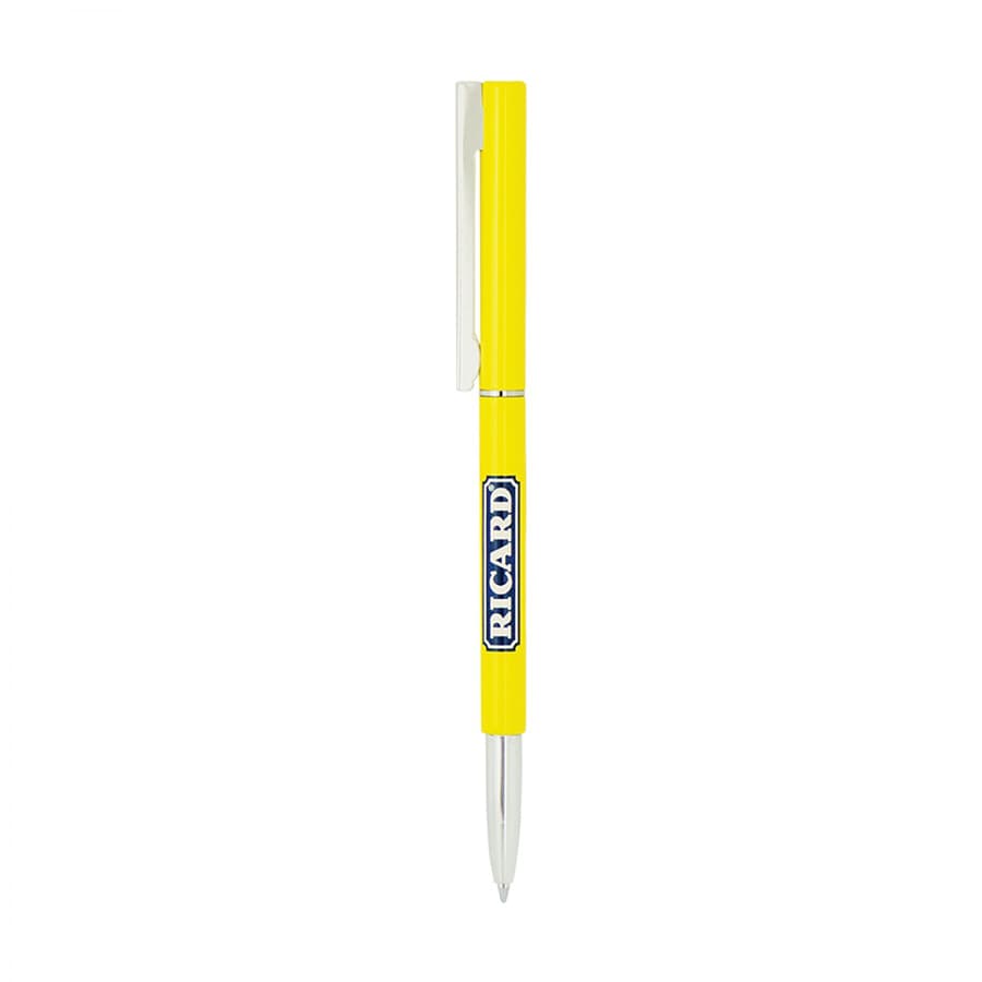 A metal ball pen in bright yellow with a white clip, featuring a logo on the barrel.