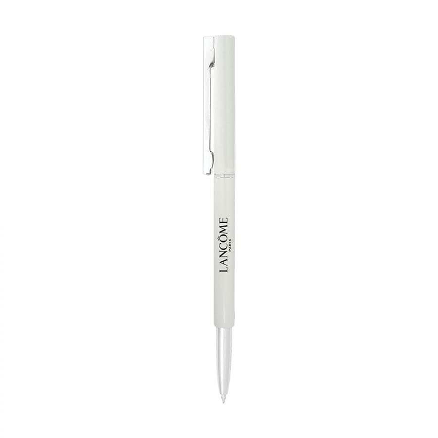 A metallic ballpoint pen in white with a silver clip and branding. Ideal for writing tasks.