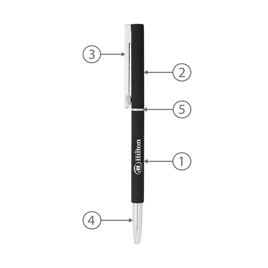 A black metal ball pen with a silver tip and clip, featuring a logo and numbered parts for reference.