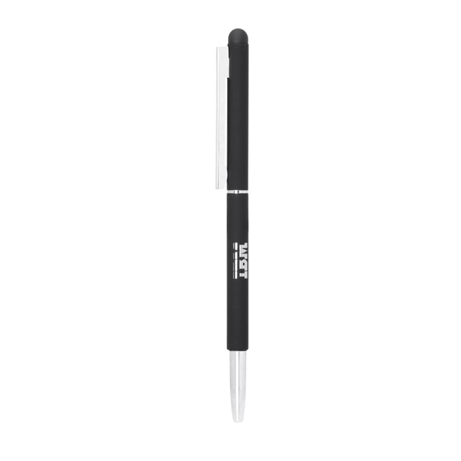 A sleek black metal ballpoint pen with a twist mechanism and a stylus tip, featuring a logo on the barrel.