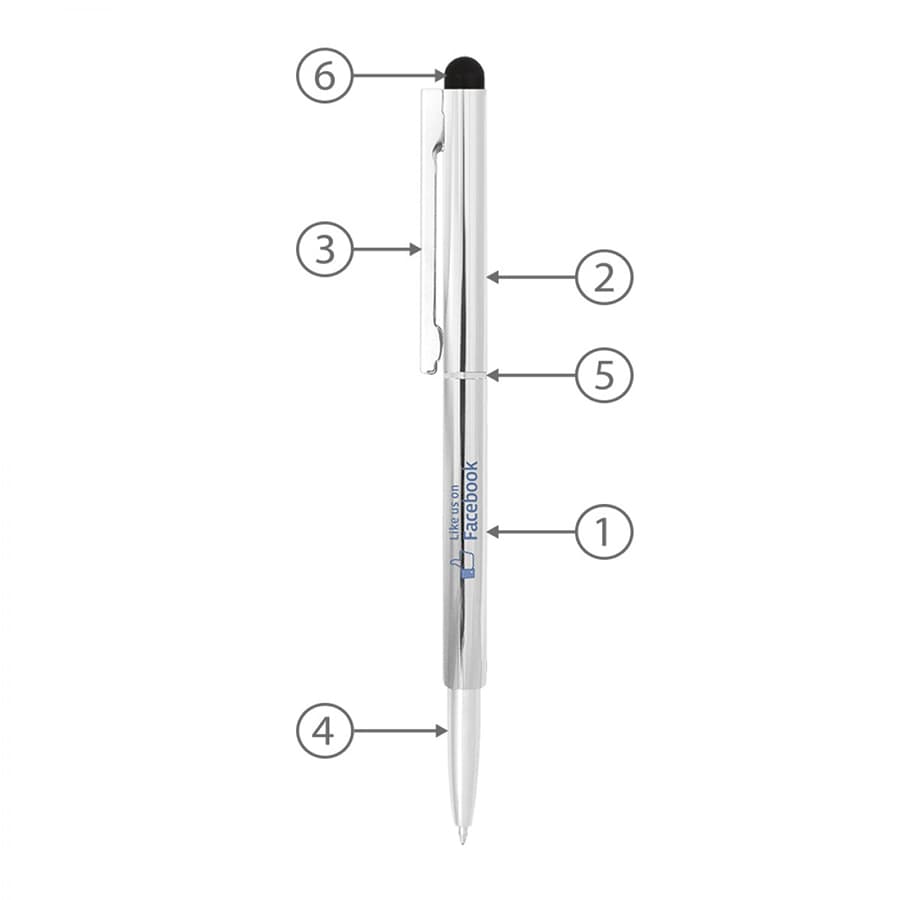 A sleek, silver metal ball pen with a black stylus tip and a clip, featuring a branding logo.