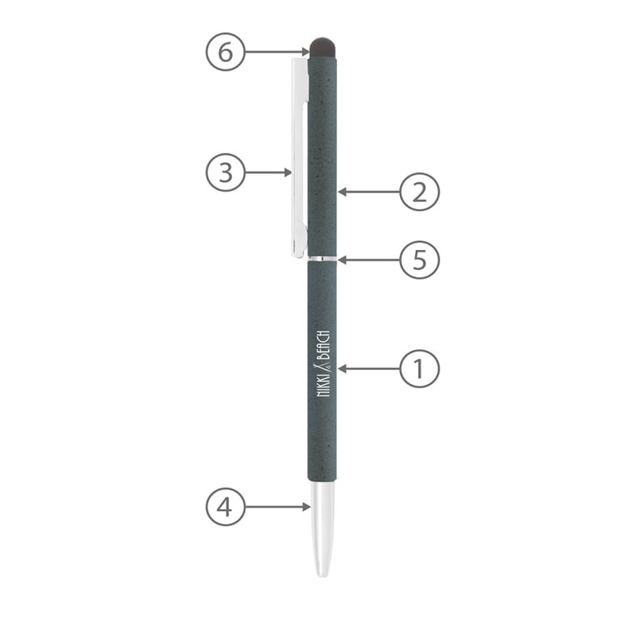 A thin twist metal ball pen in dark grey with a stylus tip, featuring a clip and a branding logo.