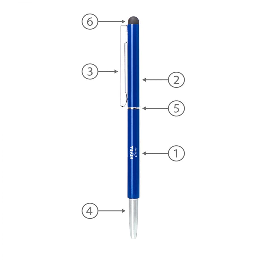 A blue metal ball pen with a twist mechanism and a stylus tip. Features a clip and a logo.