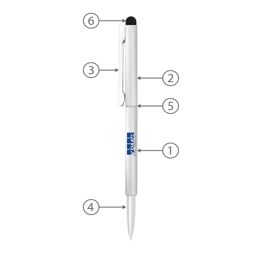A silver metal ball pen with a stylus tip and a clip, featuring a logo.