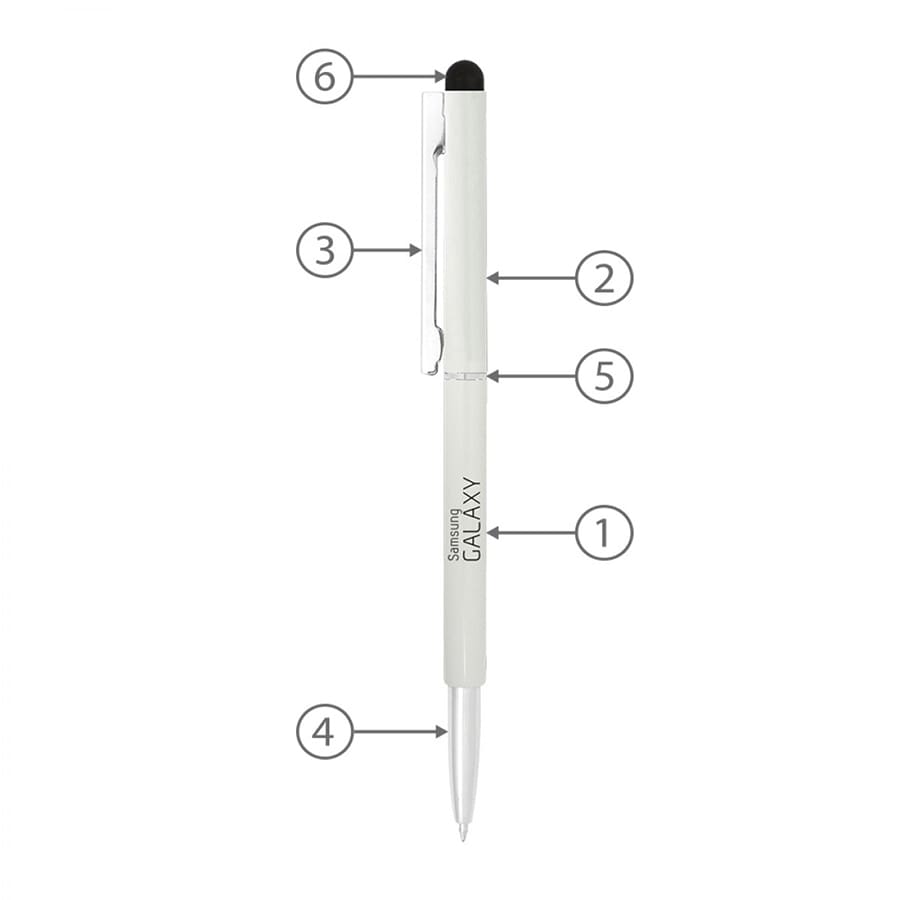 A thin twist metal ball pen in white featuring a stylus tip and a clip, complete with a logo.