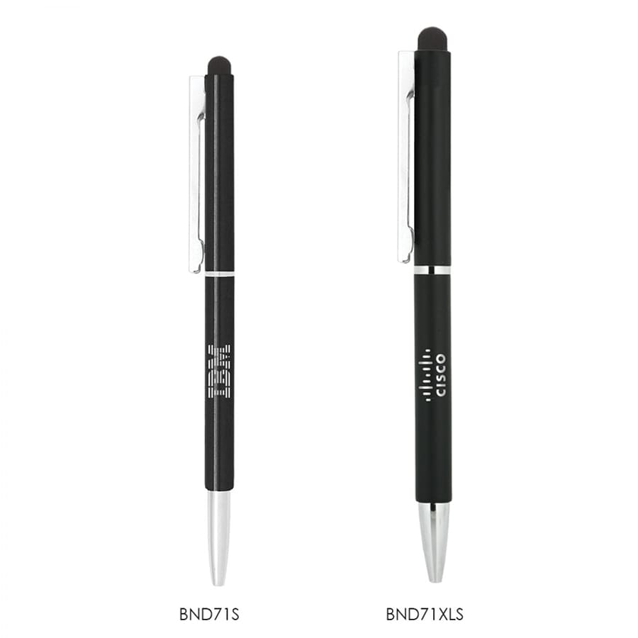A black metal ball pen with a slim design and a stylus tip, featuring a logo on the side.