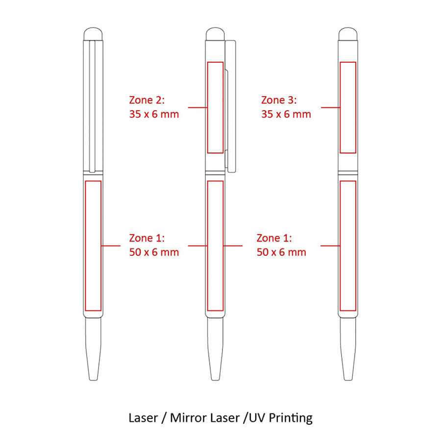A metal ball pen with a thin twist design, featuring a stylus tip and a logo area for personalisation.