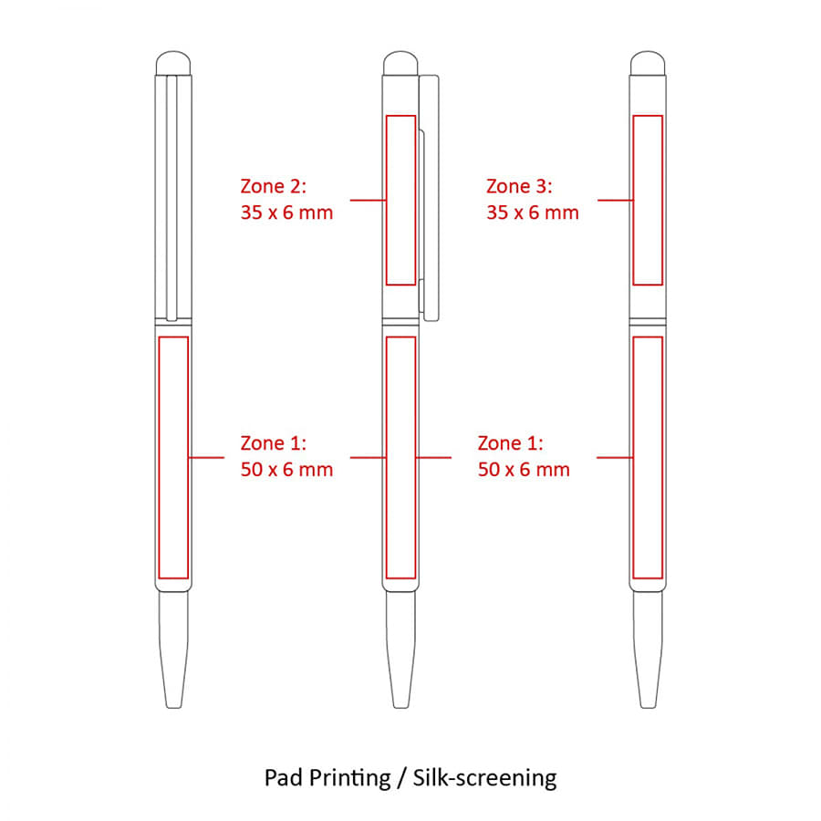 A diagram of a thin twist metal ball pen with areas specified for pad printing and silk-screening.