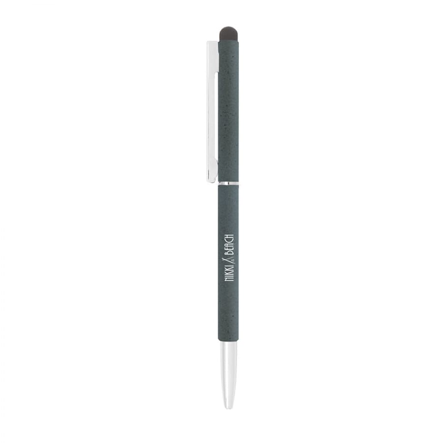 A sleek, thin twist metal ball pen in dark green with a silver clip and a stylus tip, featuring a branding logo.