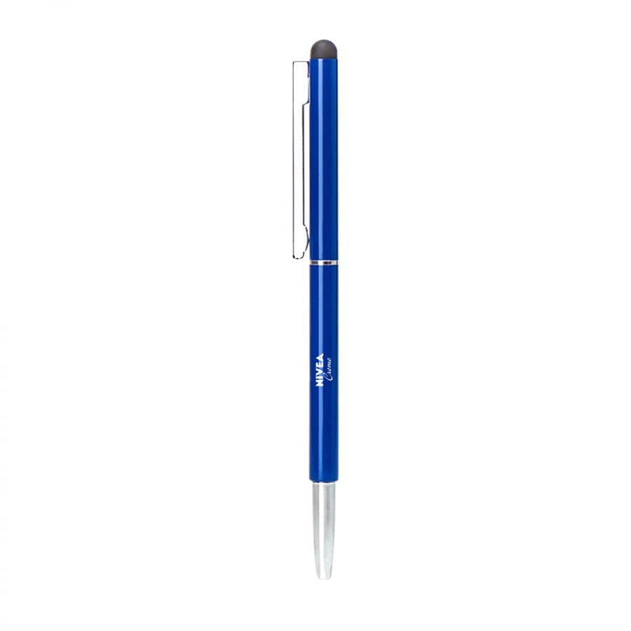 A blue metal ballpoint pen with a twist mechanism and a stylus tip, featuring a clip and branding.