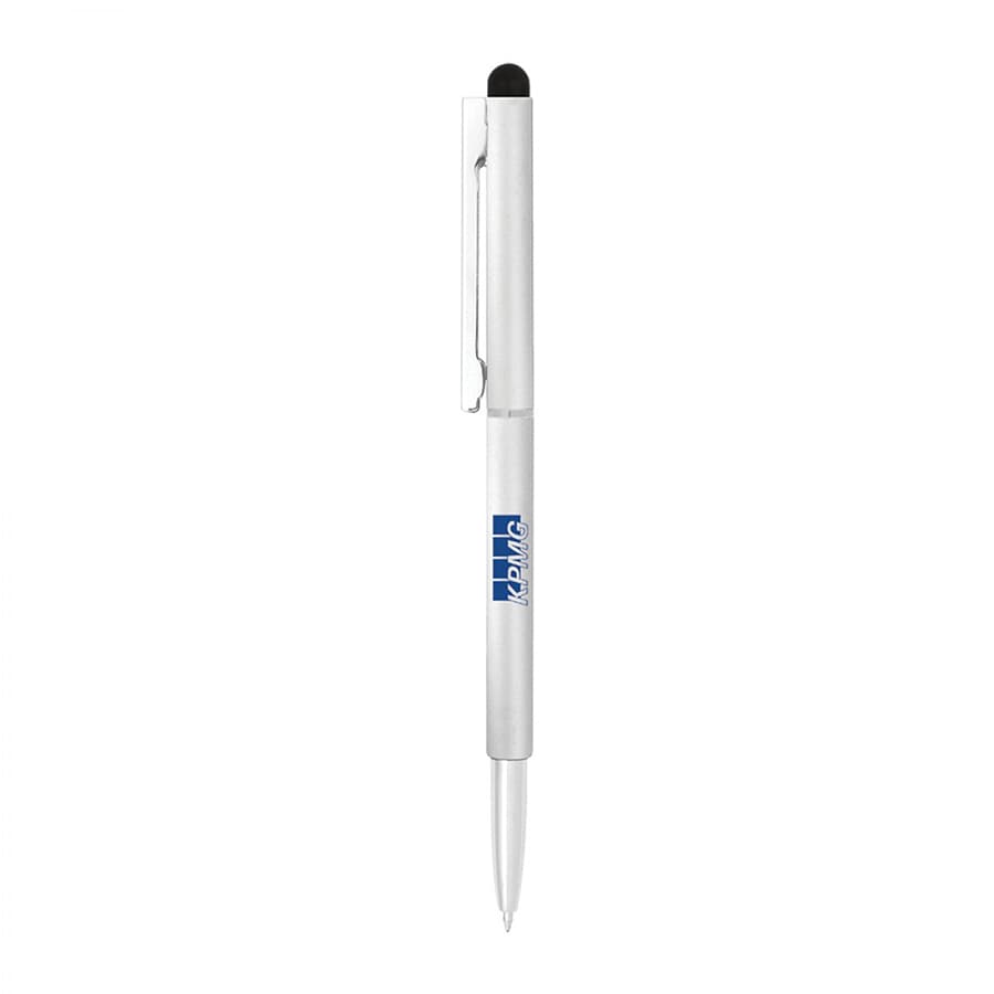 A sleek silver metal ball pen with a twist mechanism and a black stylus tip. It features a clip and a logo.