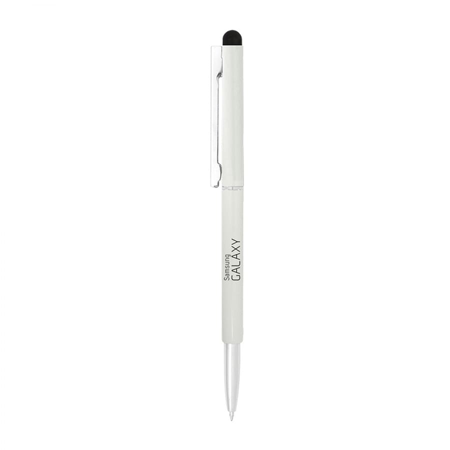 A slim, white metal ballpoint pen with a twist mechanism and a black stylus tip. Features a clip and a logo.