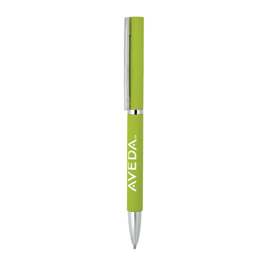 A green metal ballpoint pen with a silver clip and branding on the barrel.