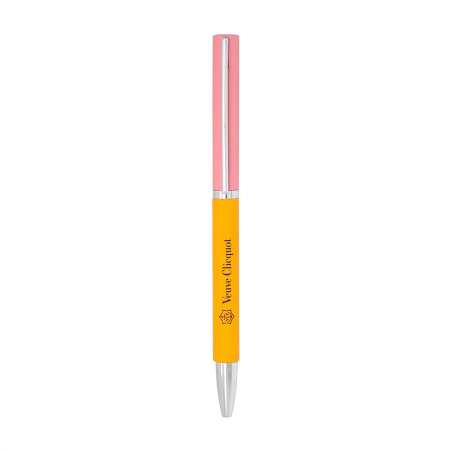 A metal ball pen featuring a pink top, yellow barrel, and a silver tip, with branding present on the body.