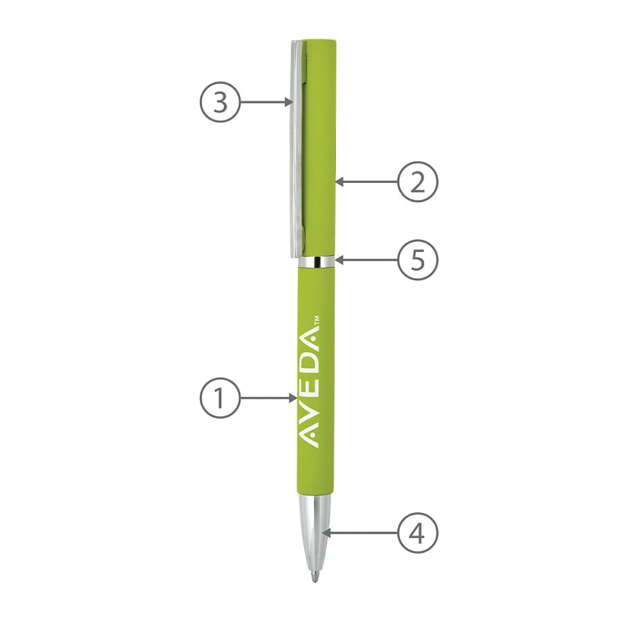 A green metal ballpoint pen with a shiny silver clip and a logo.