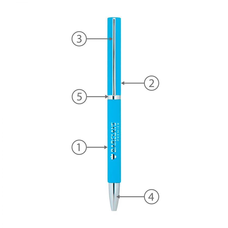 A blue metal ballpoint pen featuring a silver clip and branding, with a sleek design and multiple components.