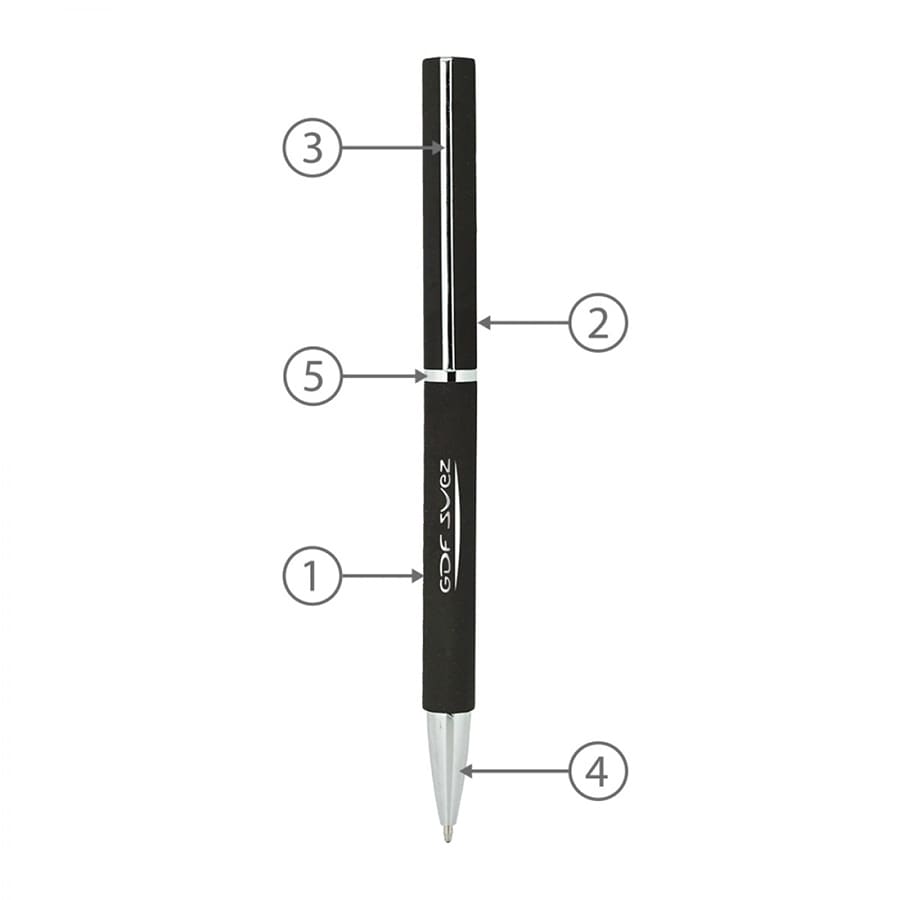 A metal ballpoint pen featuring a black body and silver accents, with a logo on its surface.